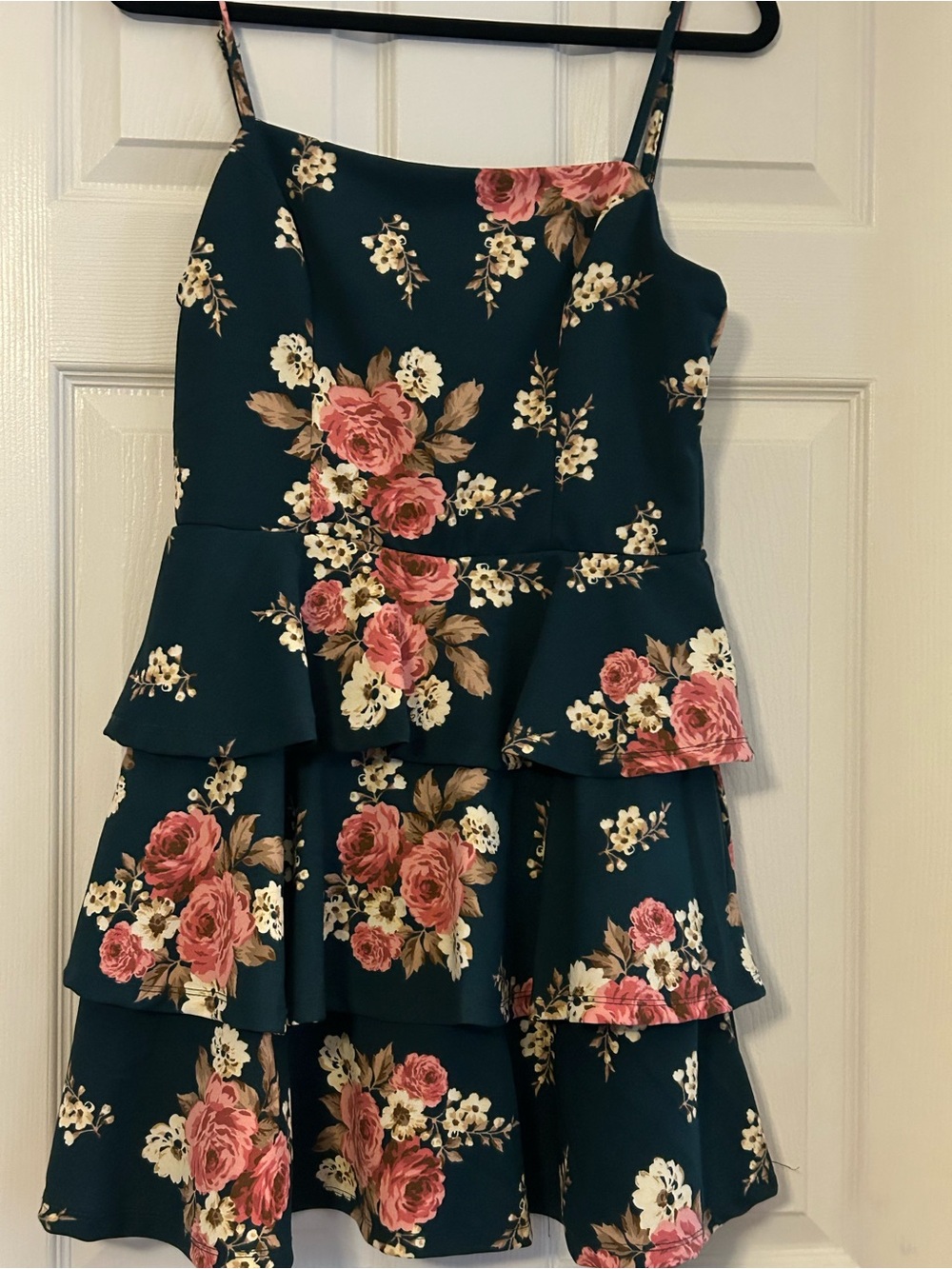 Trixxi Dark Teal Floral Tiered Mini Dress with Pink Roses